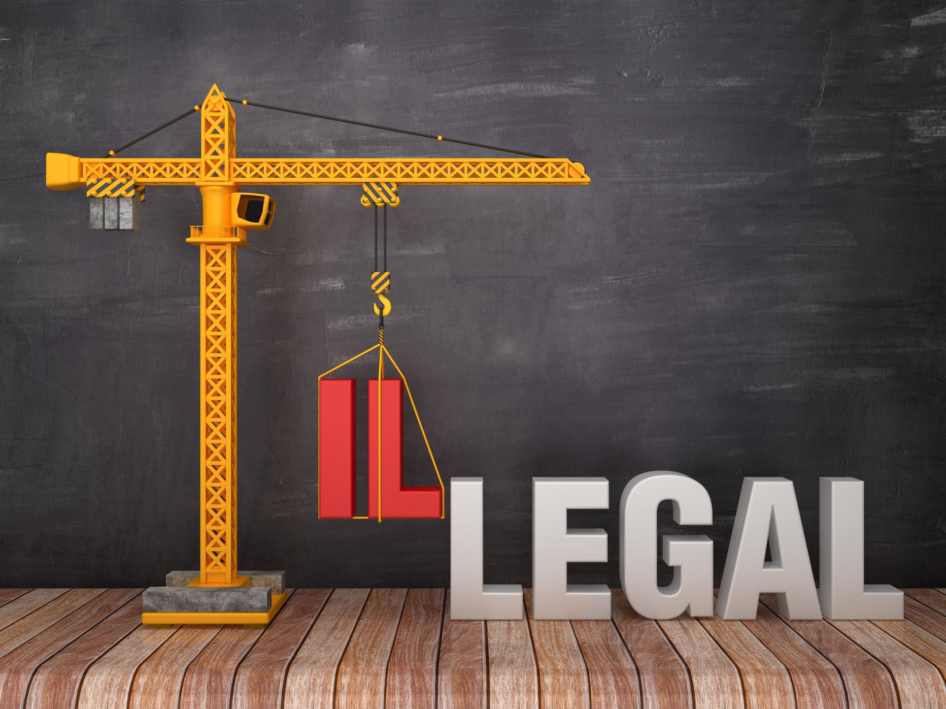 Tower Crane with ILLEGAL / LEGAL Word on Chalkboard Background - 3D Rendering